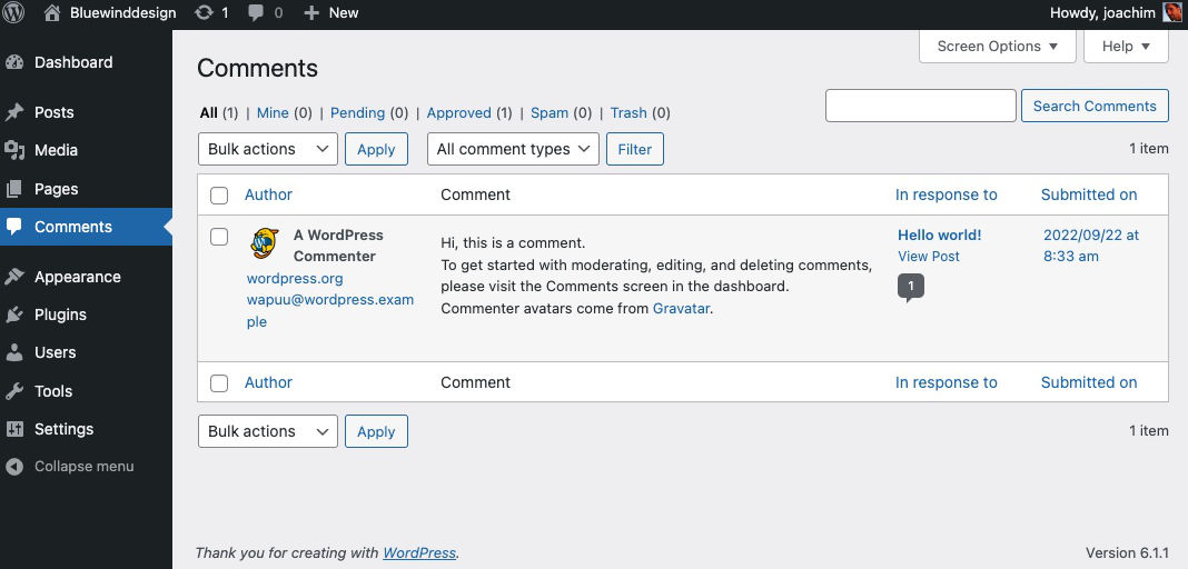 WordPress Comments screen