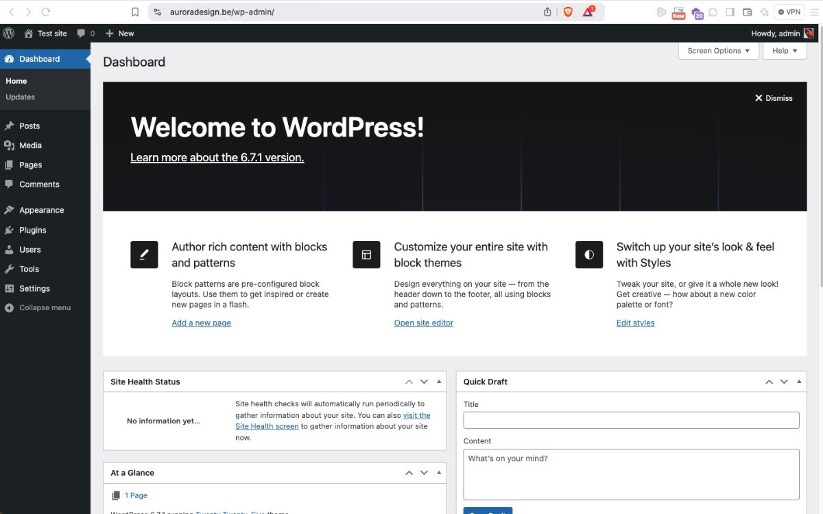 WordPress Dashboard Home backend