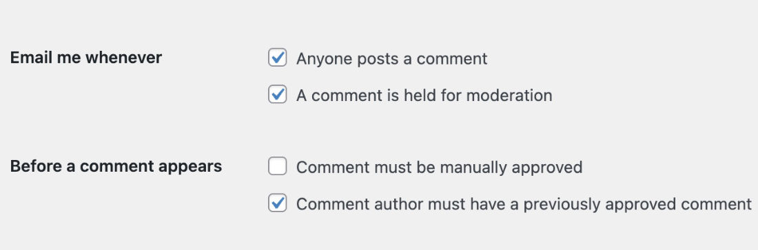 WordPress Discussion settings: Email me whenever Before a comment appears