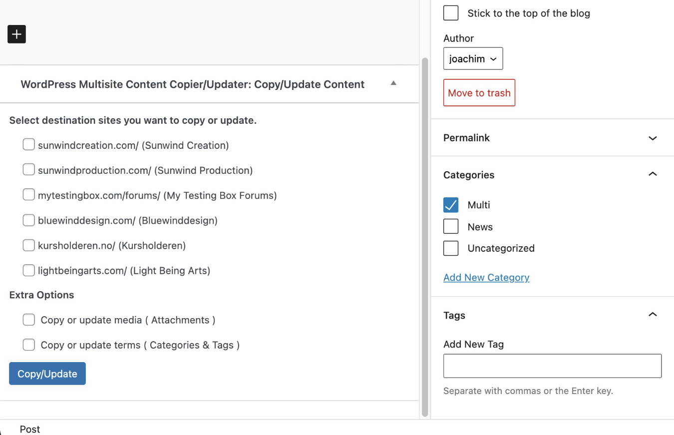 WordPress Multisite Content Copier Updater plugin Meta box
