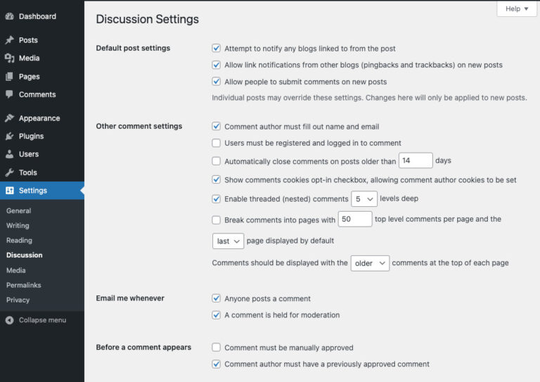 WordPress Settings Discussion options: Default post settings, Other comment settings, Email me whenever, Before a comment appears.