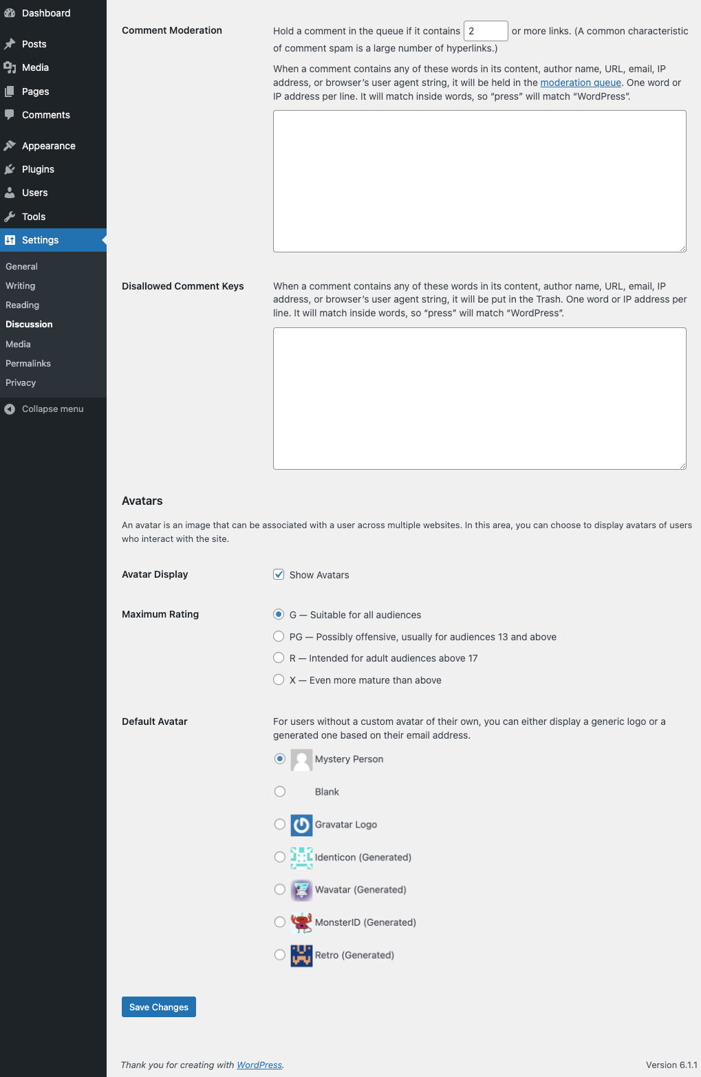 WordPress Settings Discussion options Moderation, Comment Keys and Avatars.