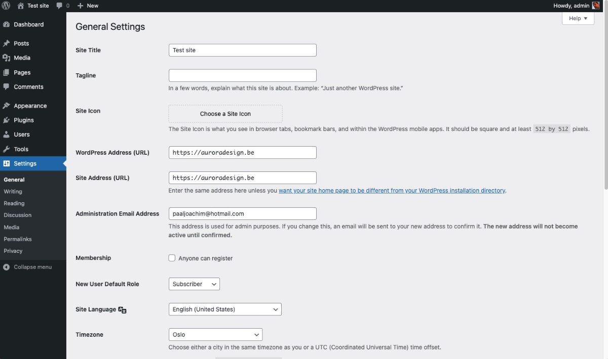 WordPress Settings General backend