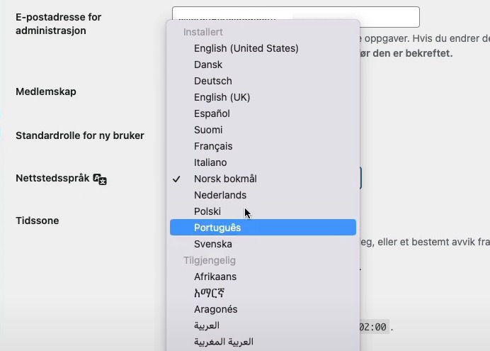 WordPress admin languages dropdown