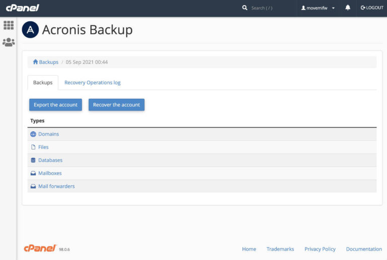 cPanel-Acronis-Backup-Export-Recover-the-account-screen