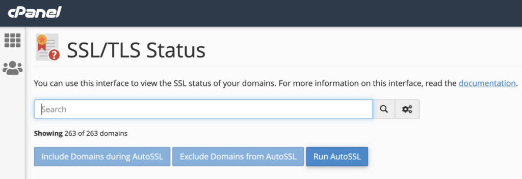 cPanel SSL/TLS Status screen.