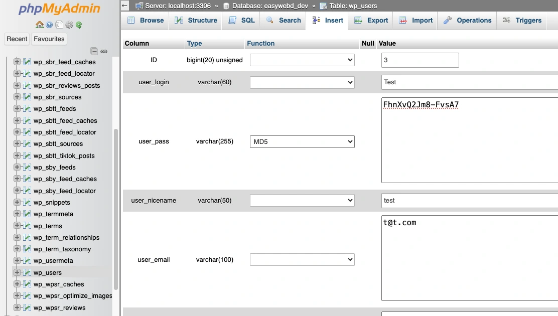 phpmyadmin database wp users